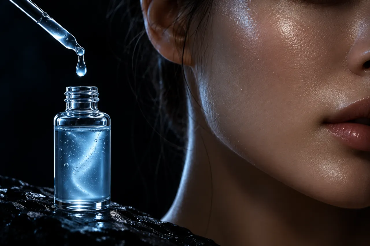 Glass ampoule beside dewy skin (illustration)