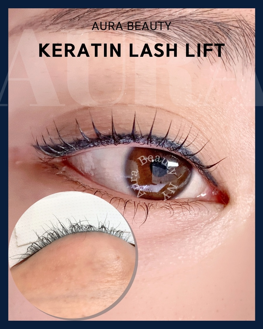 Keratin lash lift with before-reference card: flat natural lashes lifted into upward curl.