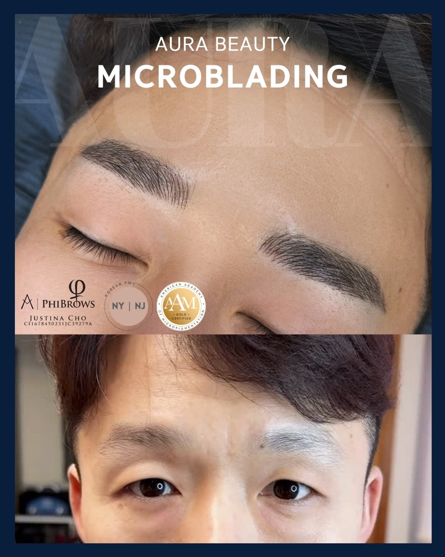 Microbladed brows on a male client: defined yet natural hair-stroke finish.