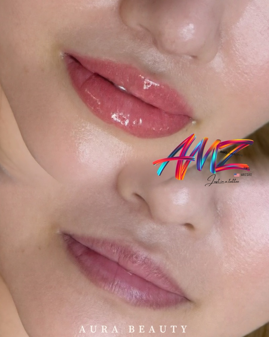 Two completed lip blush results showing tone range: vivid pink and soft natural.
